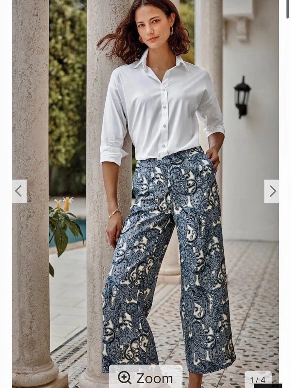 J. Jill Easy-Care Woven Crops Paisley Wide Leg Pants in Blue & White Large